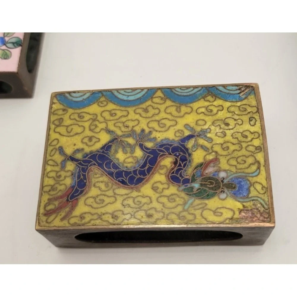 Lot of 3 vintage Chinese cloisonné enamel brass matchbox holders Dragon Flowers